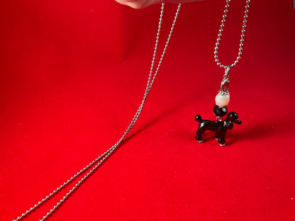 Parisian Poodle Crystal Necklace – Enamel Dog on 32” Silver Ball Chain