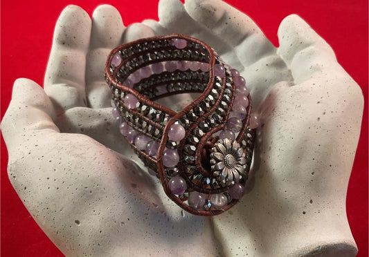 Boho Leather Wrap Bracelet with Lavender Beads & Gunmetal Crystal Sparkle – 7.5” Wrist