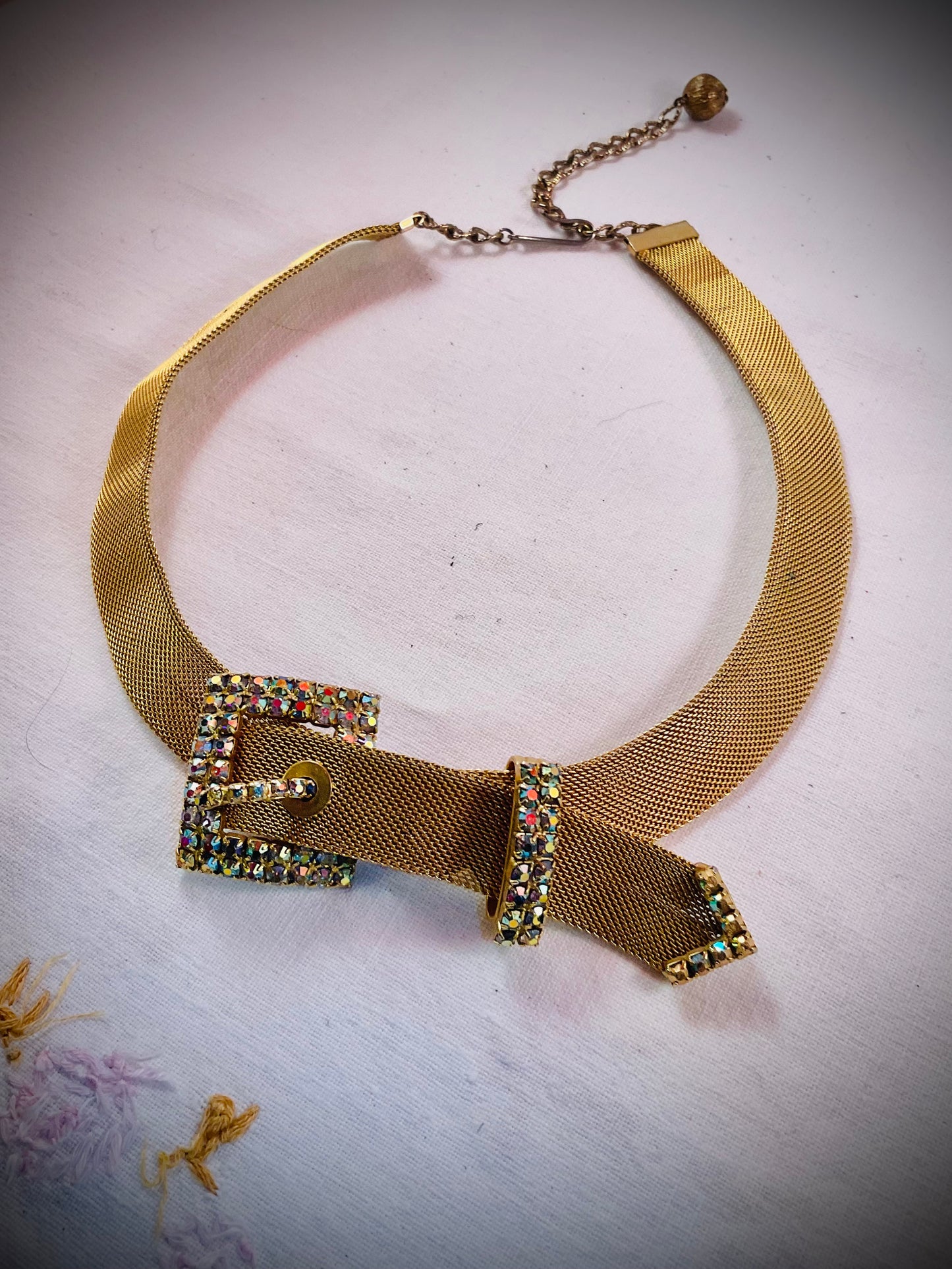 Vintage Gold Mesh Buckle Statement Necklace