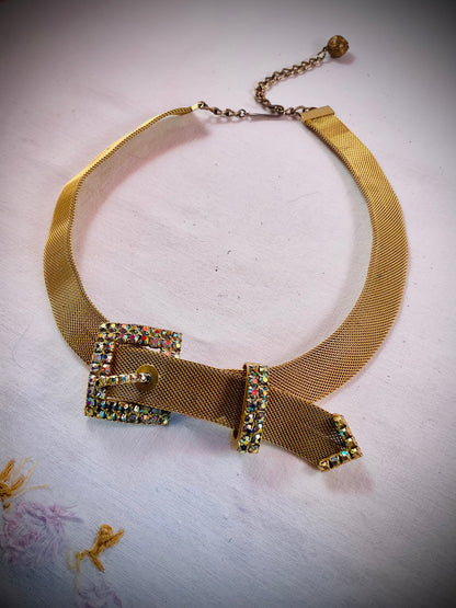 Vintage Gold Mesh Buckle Statement Necklace