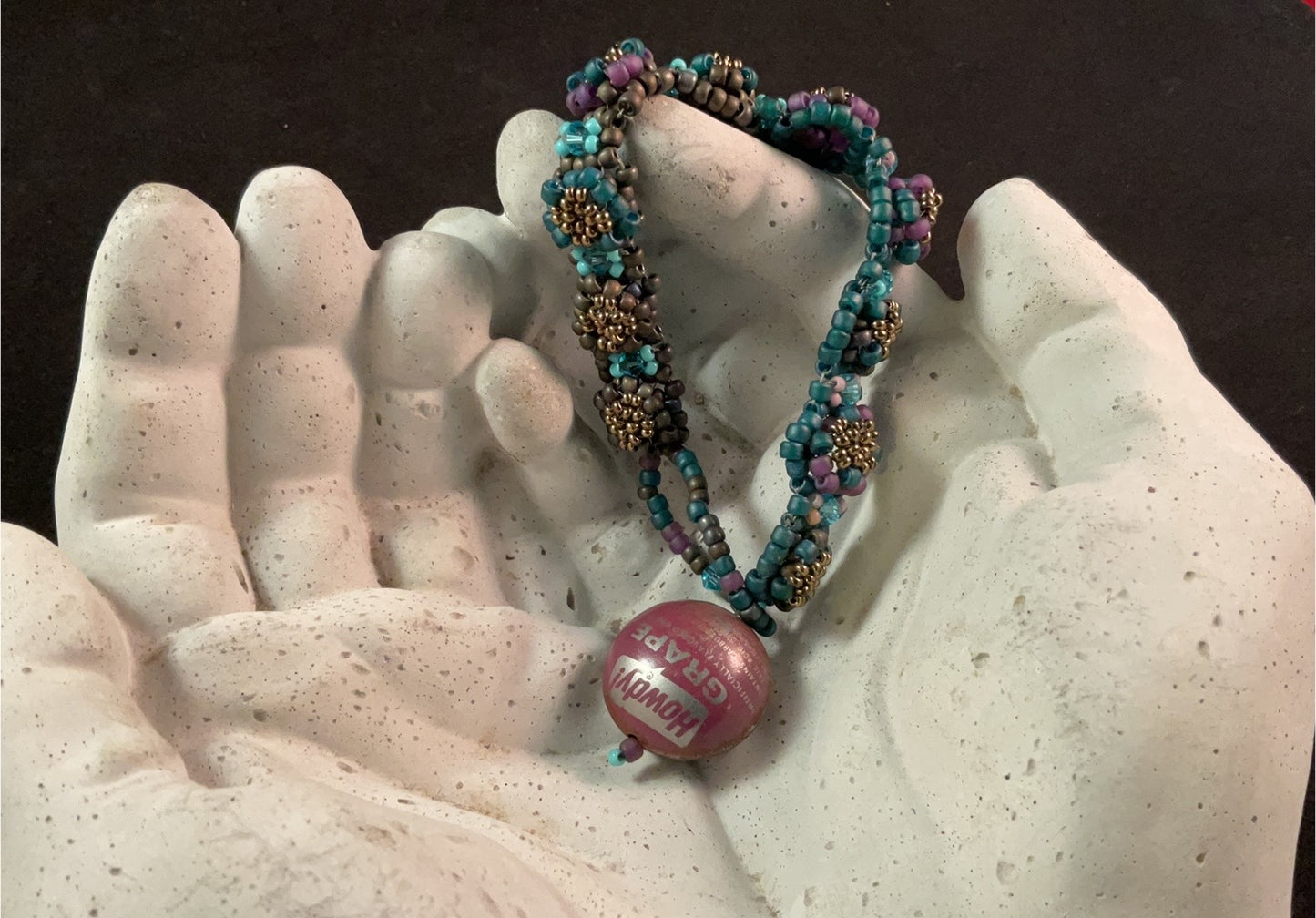 Vintage Howdy Grape Button Beaded Bracelet – Turquoise Floral Seed Bead Bracelet