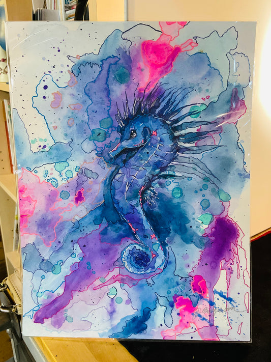 Rebel of the Reef – Seahorse Watercolor & Pen and Ink Painting (9 x 11 Original)