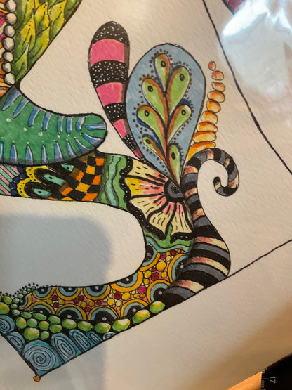 Sir Swizzlefin – Zentangle Fish Original Pen & Ink and Acrylic Painting