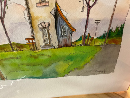 Where the Wires Meet the Sky House – Whimsical Country Watercolor Pen & Ink Painting 11 x 15