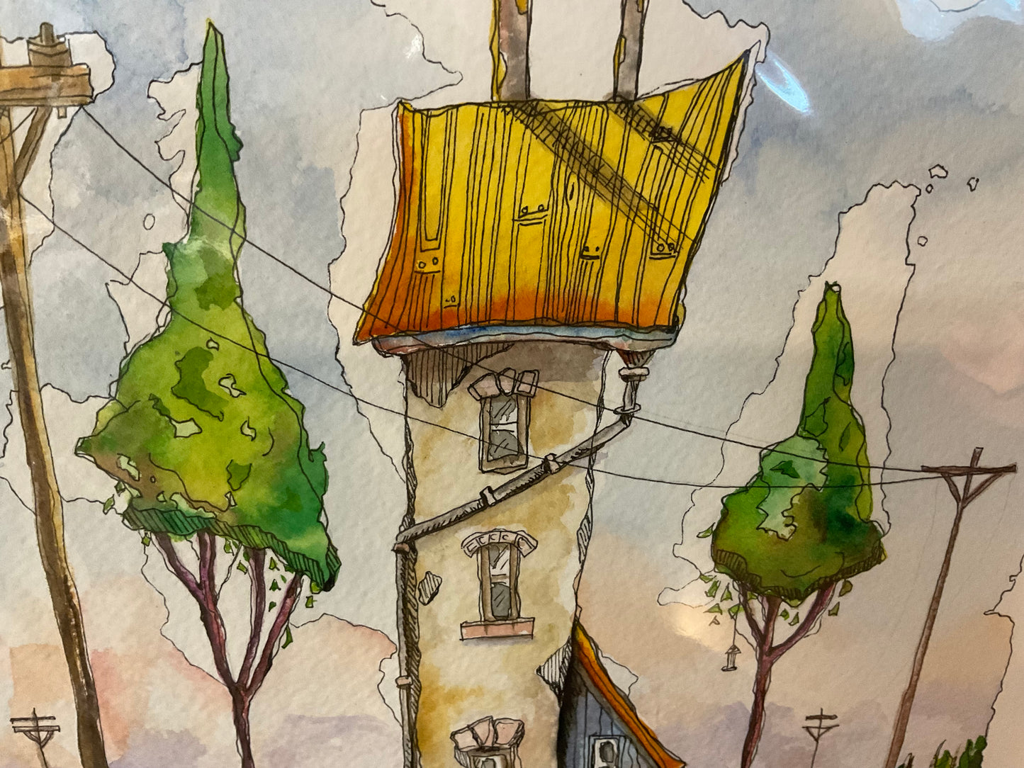 Where the Wires Meet the Sky House – Whimsical Country Watercolor Pen & Ink Painting 11 x 15