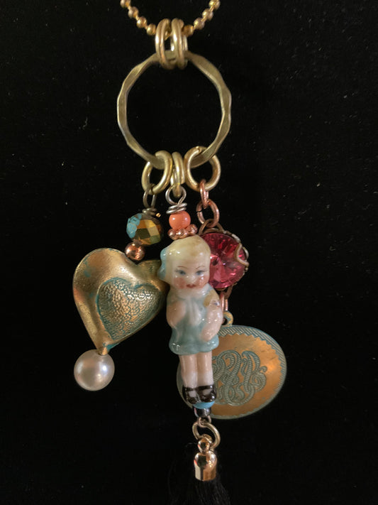 Vintage Charm Doll Tassel Necklace – 34” Gold Ball Chain Statement Necklace