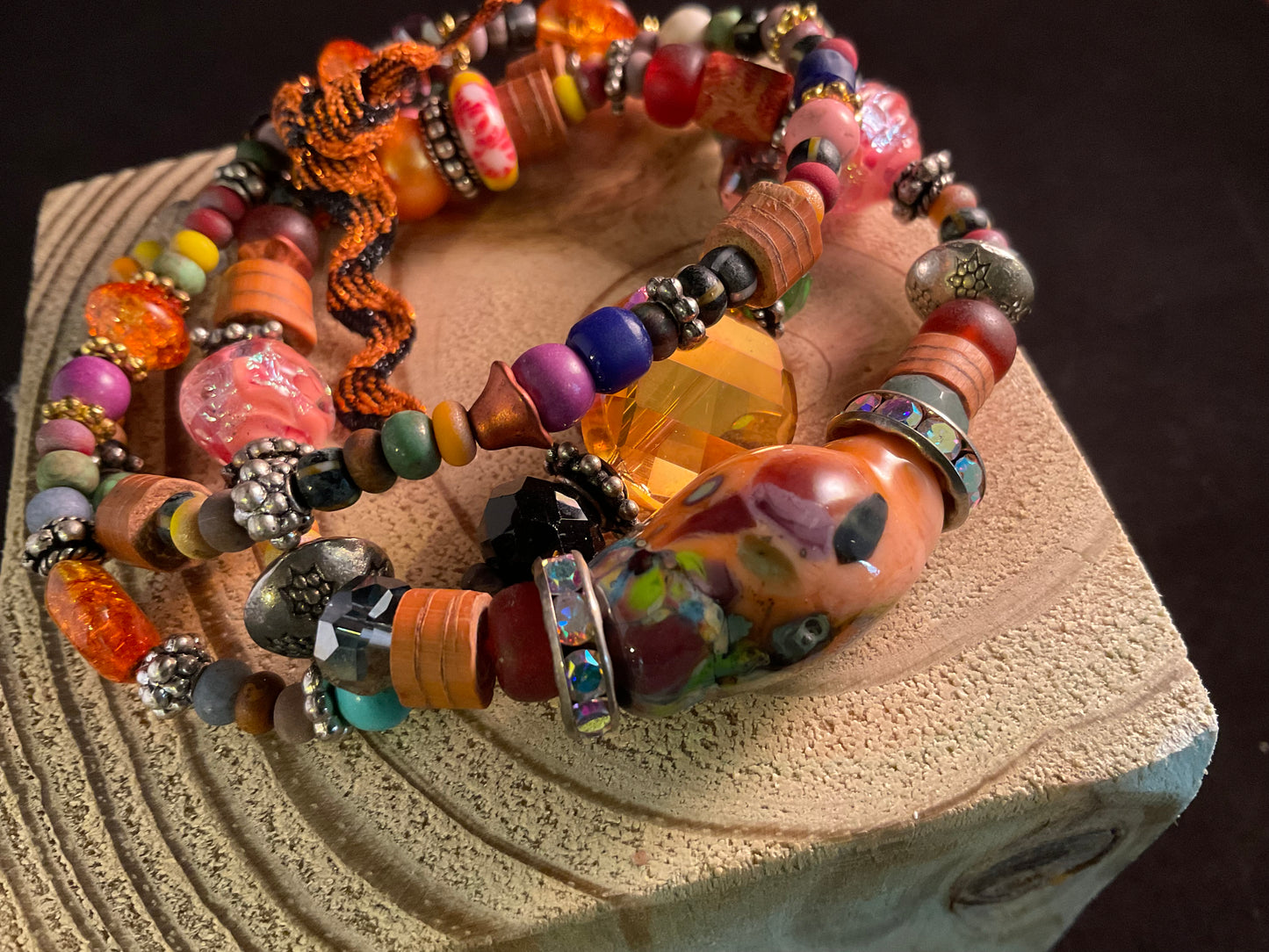 Boho Artisan Trio Wrap Bracelet Set – Hand-Blown Glass Focal Bead with Crystal & Mixed Beads