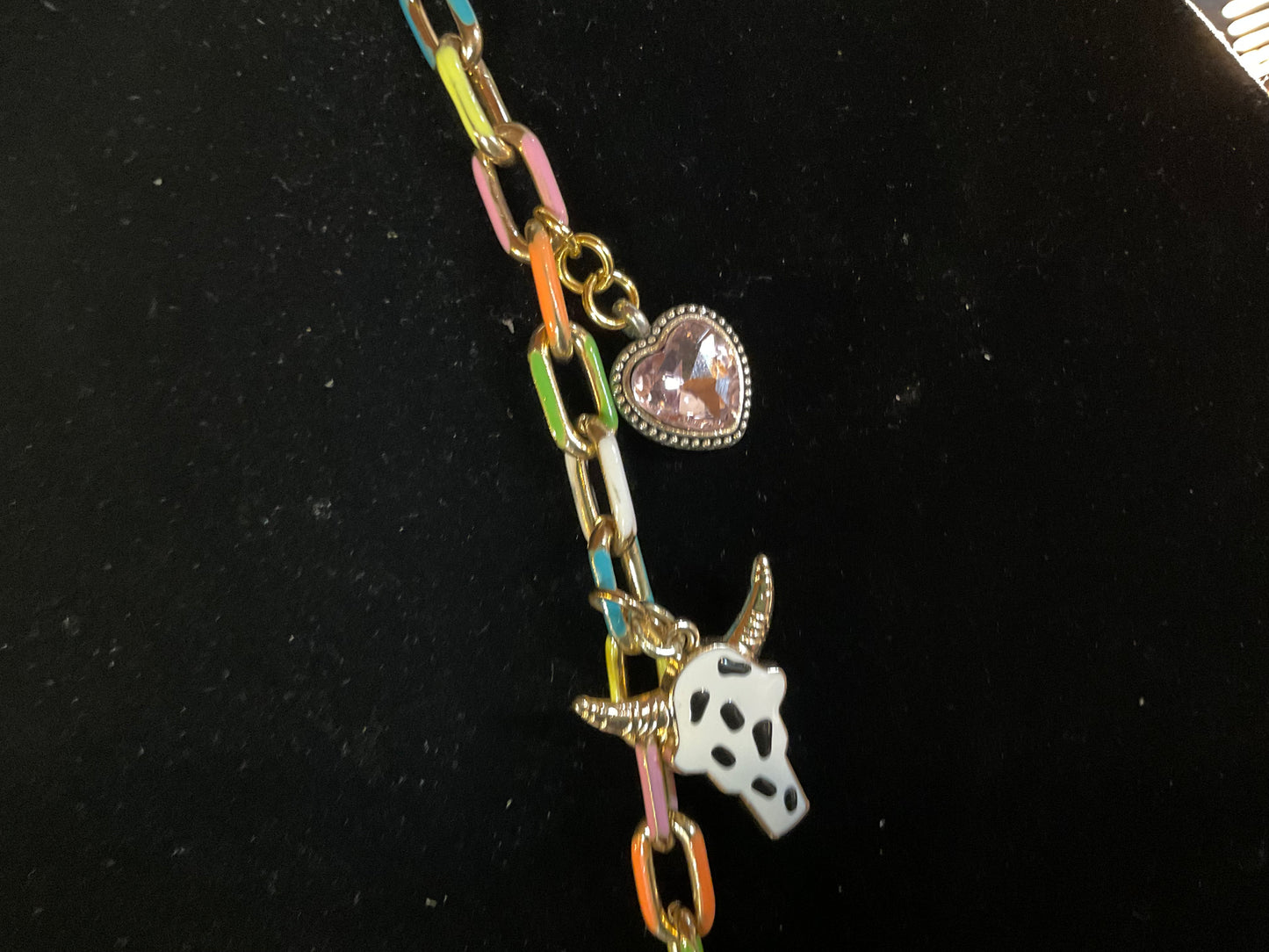 Pastel Paperclip Charm Necklace – 10 Charm Statement Necklace with Bee, Cross Penny, Rhinestones & Artist Palette