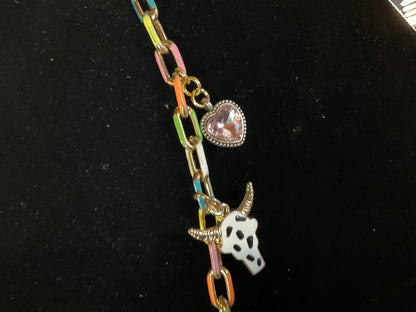 Pastel Paperclip Charm Necklace – 10 Charm Statement Necklace with Bee, Cross Penny, Rhinestones & Artist Palette