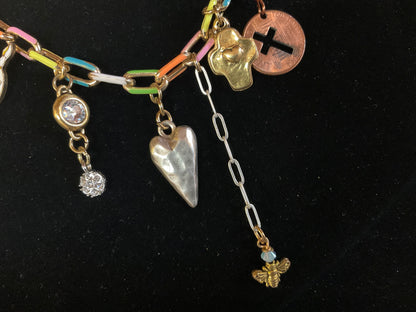 Pastel Paperclip Charm Necklace – 10 Charm Statement Necklace with Bee, Cross Penny, Rhinestones & Artist Palette