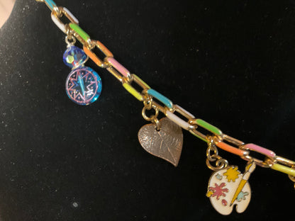 Pastel Paperclip Charm Necklace – 10 Charm Statement Necklace with Bee, Cross Penny, Rhinestones & Artist Palette