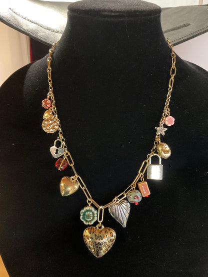 Eclectic Heart & Lock Charm Necklace – Gold Chain with Leopard Heart, Ceramic Beads & Mixed Metal Charms