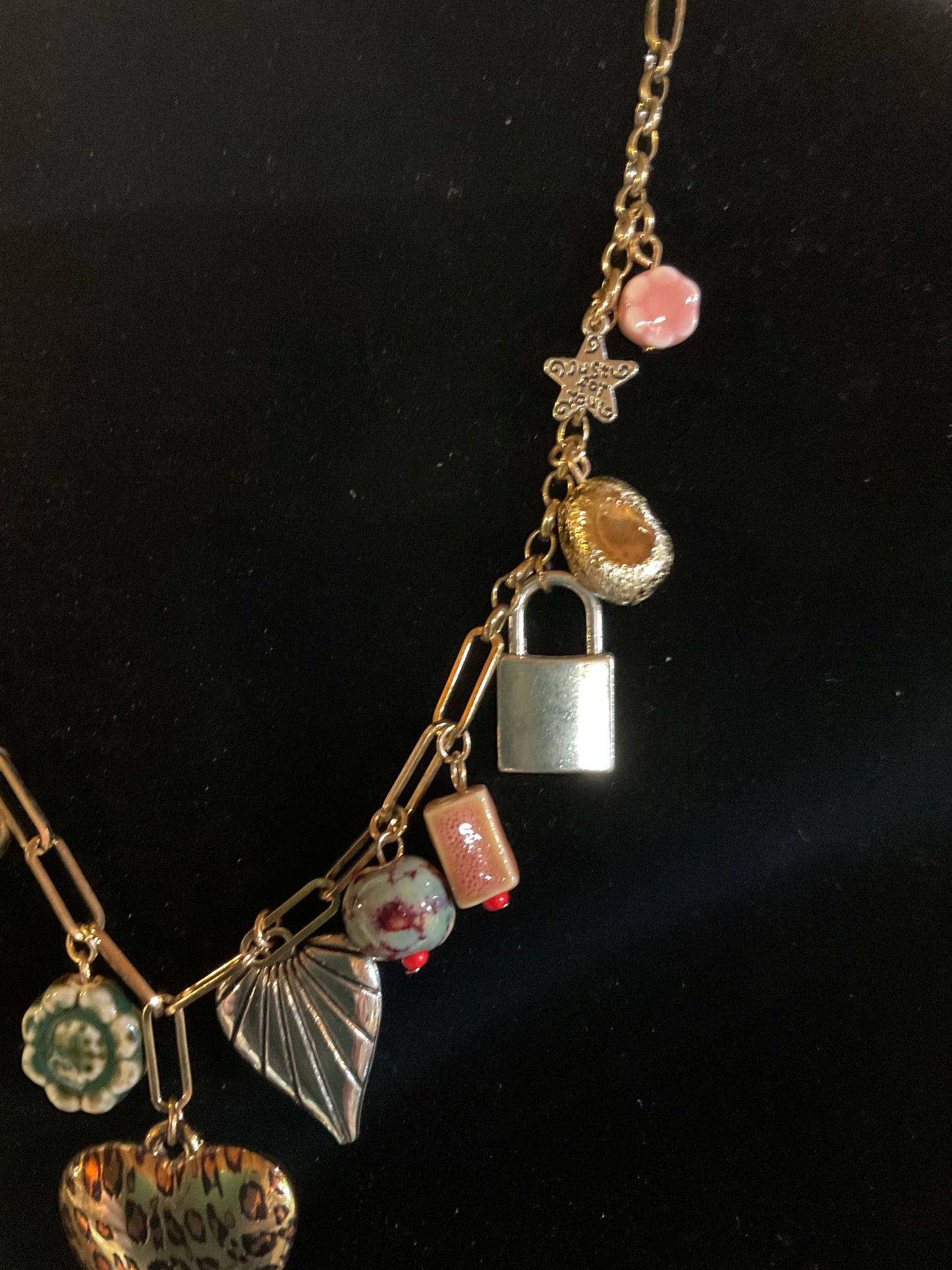 Eclectic Heart & Lock Charm Necklace – Gold Chain with Leopard Heart, Ceramic Beads & Mixed Metal Charms