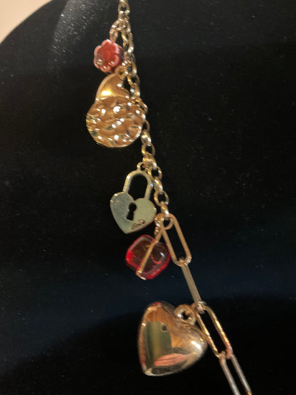 Eclectic Heart & Lock Charm Necklace – Gold Chain with Leopard Heart, Ceramic Beads & Mixed Metal Charms