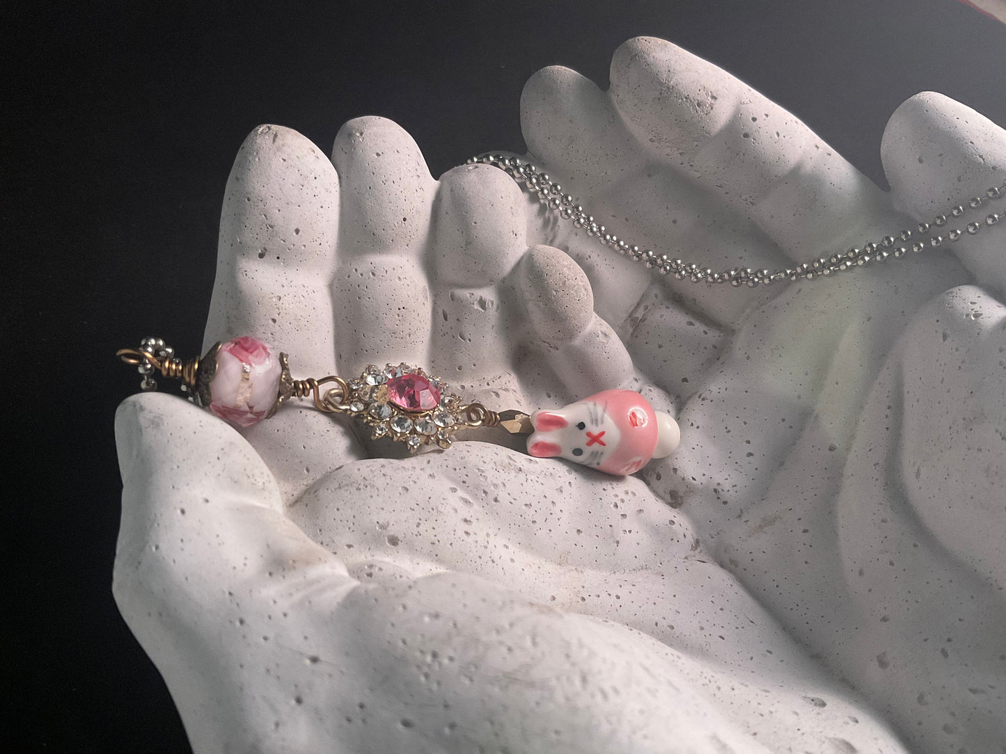 Pink Porcelain Bunny Necklace – Austrian Crystal Connector & Floral Glass Bead on 30” Chain