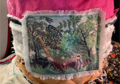 Dorothy Jean Reversible Patchwork Hat – Frayed Jungle Monkey Patch – Moldable Brim Boho Bucket Hat (Size Small)