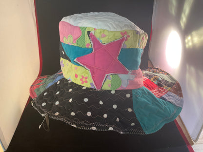 Dorothy Jean Reversible Patchwork Boho Hat – Pink Star, Wired Brim, Size Large (23”)