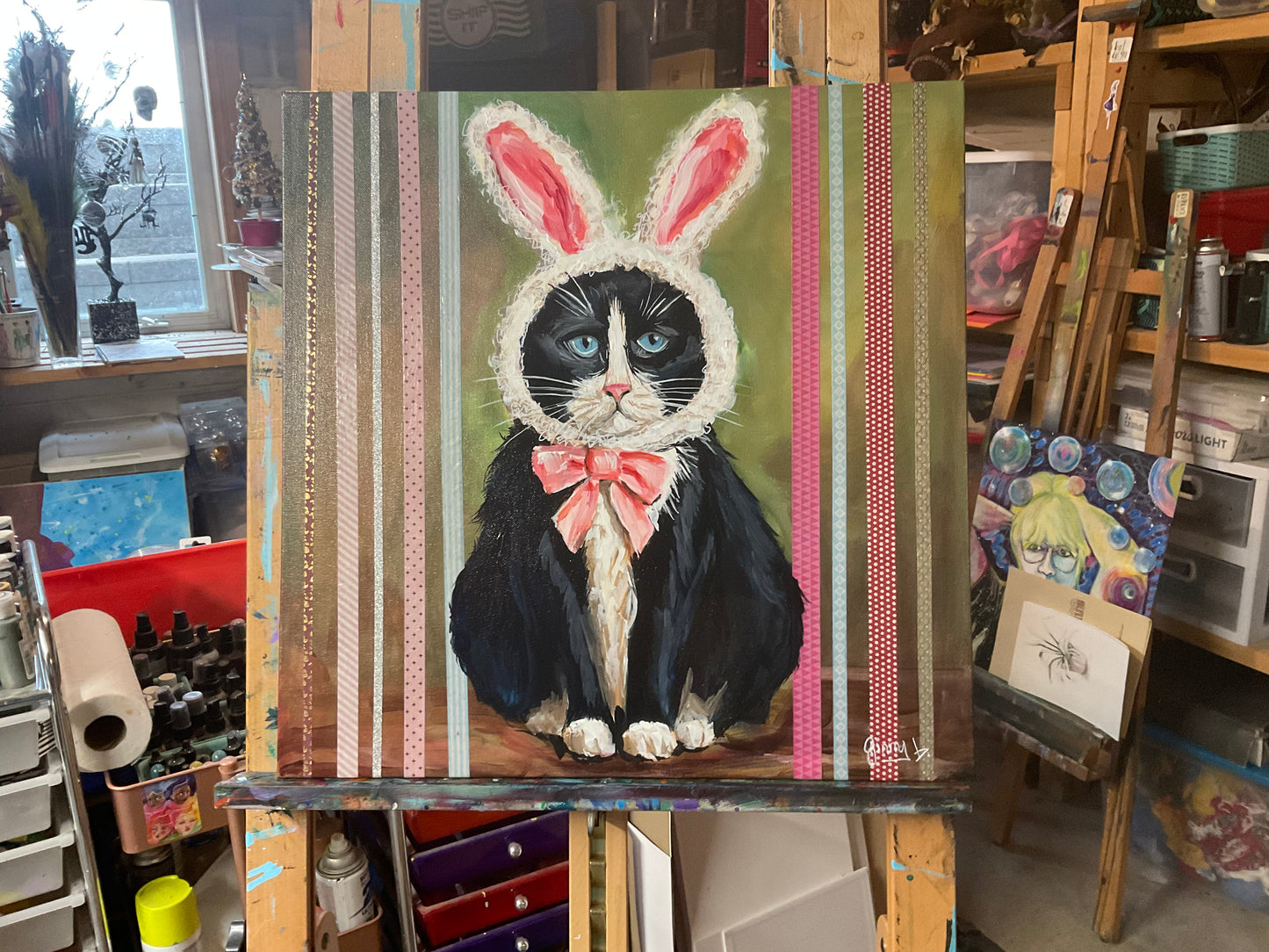 Somebunny Is Not Amused – Tuxedo Cat in Bunny Hat Mixed Media Painting- Local Pickup only