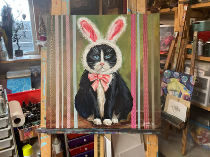 Somebunny Is Not Amused – Tuxedo Cat in Bunny Hat Mixed Media Painting- Local Pickup only