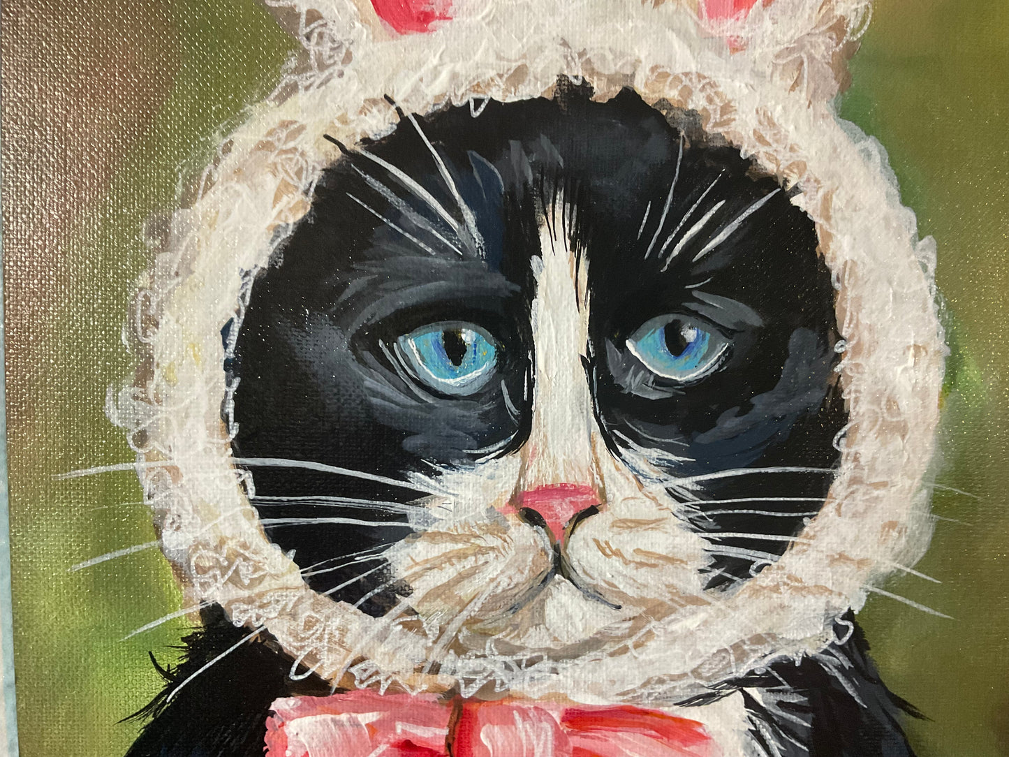 Somebunny Is Not Amused – Tuxedo Cat in Bunny Hat Mixed Media Painting- Local Pickup only
