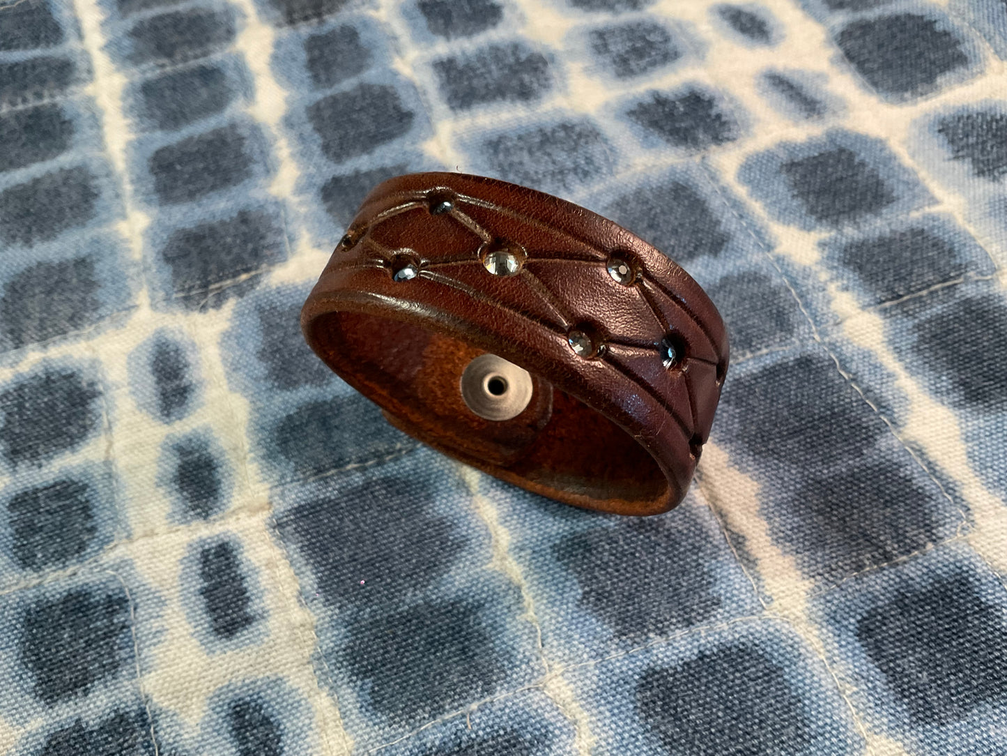 Brown Leather Rhinestone Stud Bracelet – Adjustable Snap Cuff – Rustic Boho Style – Fits 7.5” Wrist