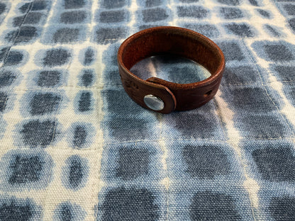 Brown Leather Rhinestone Stud Bracelet – Adjustable Snap Cuff – Rustic Boho Style – Fits 7.5” Wrist