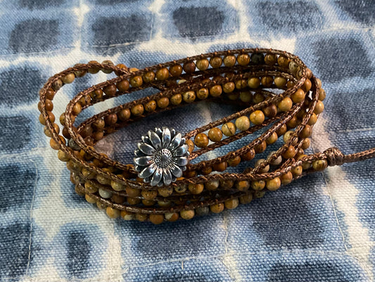 Five Wrap Jasper Beaded Bracelet – Boho Leather Wrap Bracelet with Silver Flower Button – Adjustable 7–8.5”