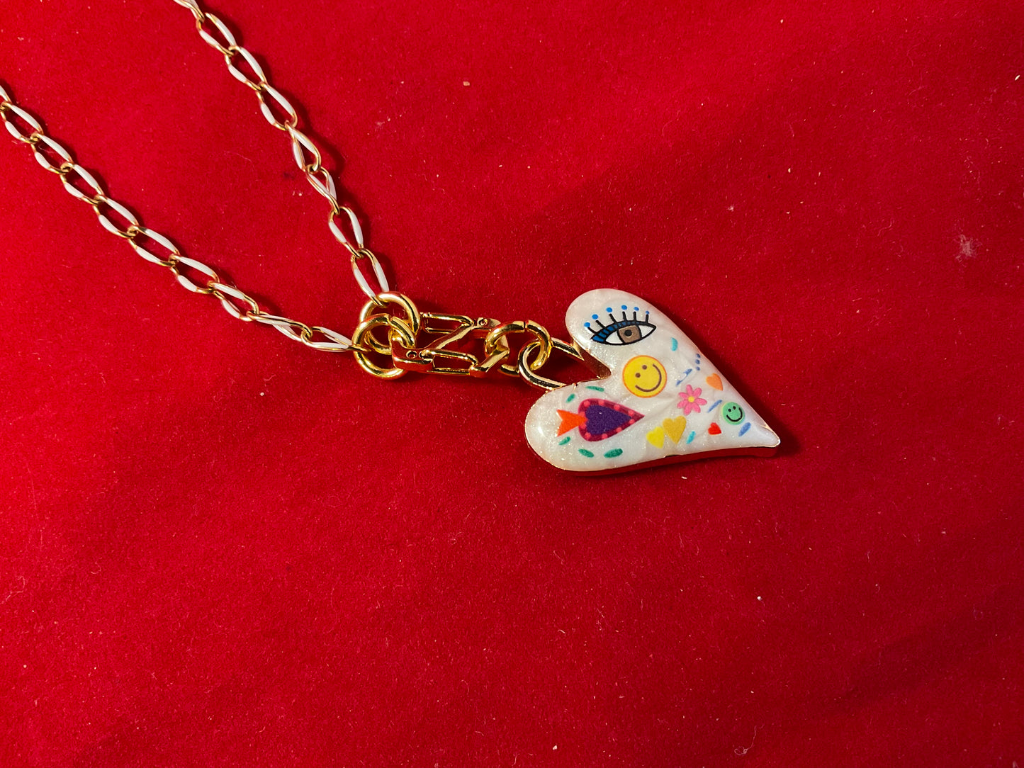 Whimsical Enamel Heart Necklace – Playful Art Charm on 20” Gold Chain