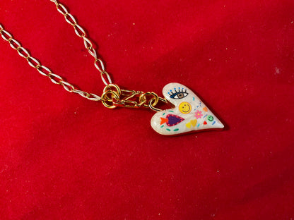 Whimsical Enamel Heart Necklace – Playful Art Charm on 20” Gold Chain