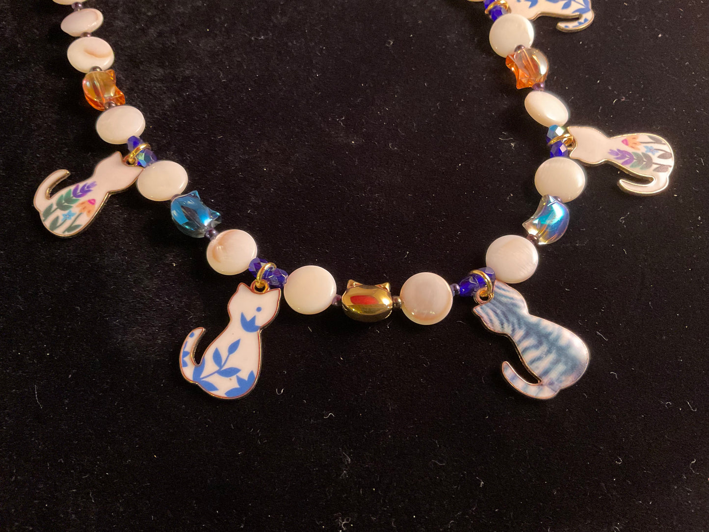 Boho Cat Charm Necklace with Mother of Pearl & Aurora Borealis Crystals – 18” Whimsical Statement
