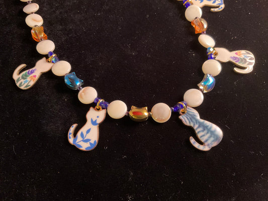 Boho Cat Charm Necklace with Mother of Pearl & Aurora Borealis Crystals – 18” Whimsical Statement