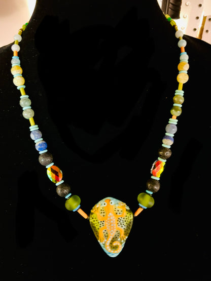 GeckoSpirit Necklace – Hand Blown Glass Pendant with Jasper, Lava & Crystal Beads – 18”