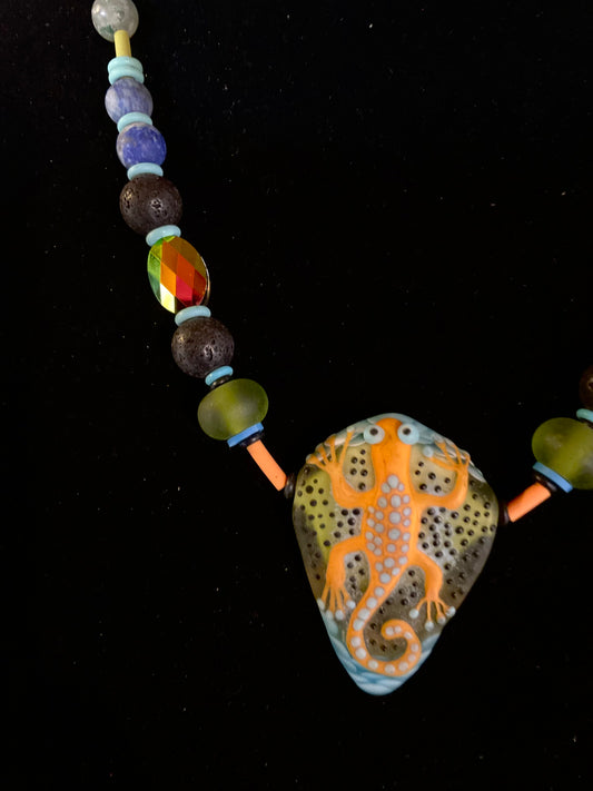 GeckoSpirit Necklace – Hand Blown Glass Pendant with Jasper, Lava & Crystal Beads – 18”