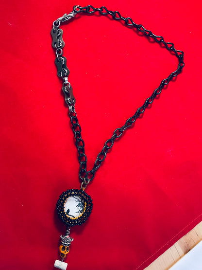 Midnight Relic Necklace – Hand Beaded Pendant with Skull Accent & Mixed Metal Chain