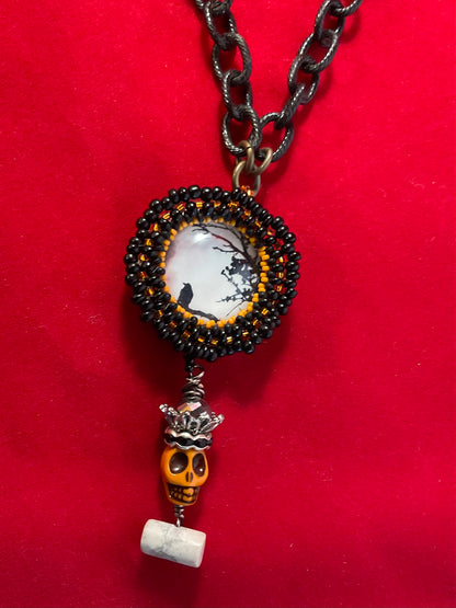 Midnight Relic Necklace – Hand Beaded Pendant with Skull Accent & Mixed Metal Chain