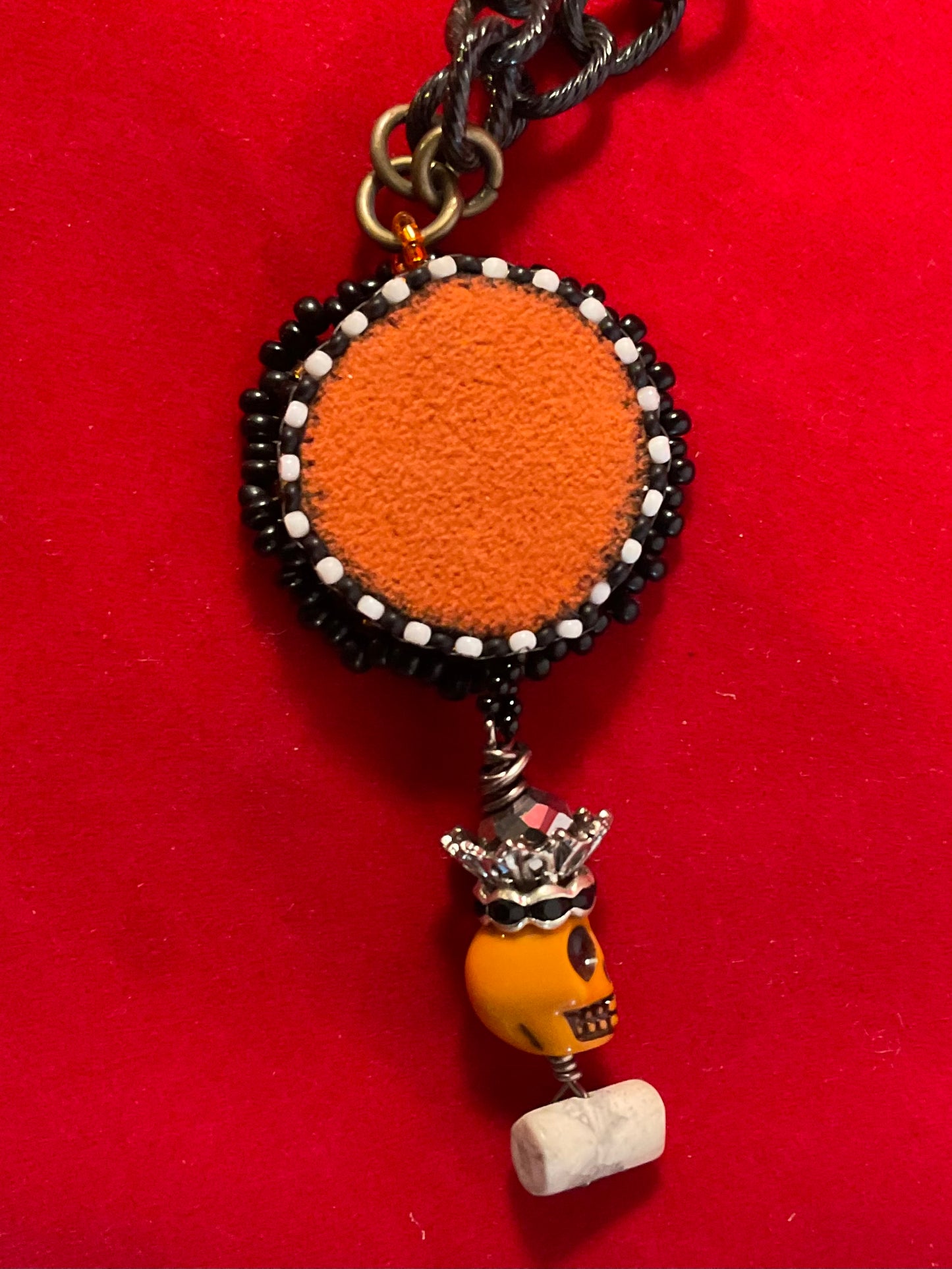 Midnight Relic Necklace – Hand Beaded Pendant with Skull Accent & Mixed Metal Chain