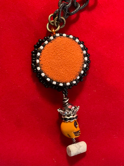 Midnight Relic Necklace – Hand Beaded Pendant with Skull Accent & Mixed Metal Chain