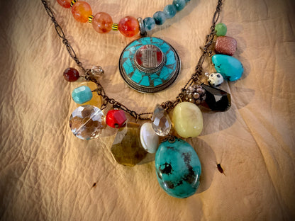 Boho Layered Necklace Set – Turquoise, Carnelian & Vintage Crystal Charm Necklace + Nepal Pendant Beaded Strand