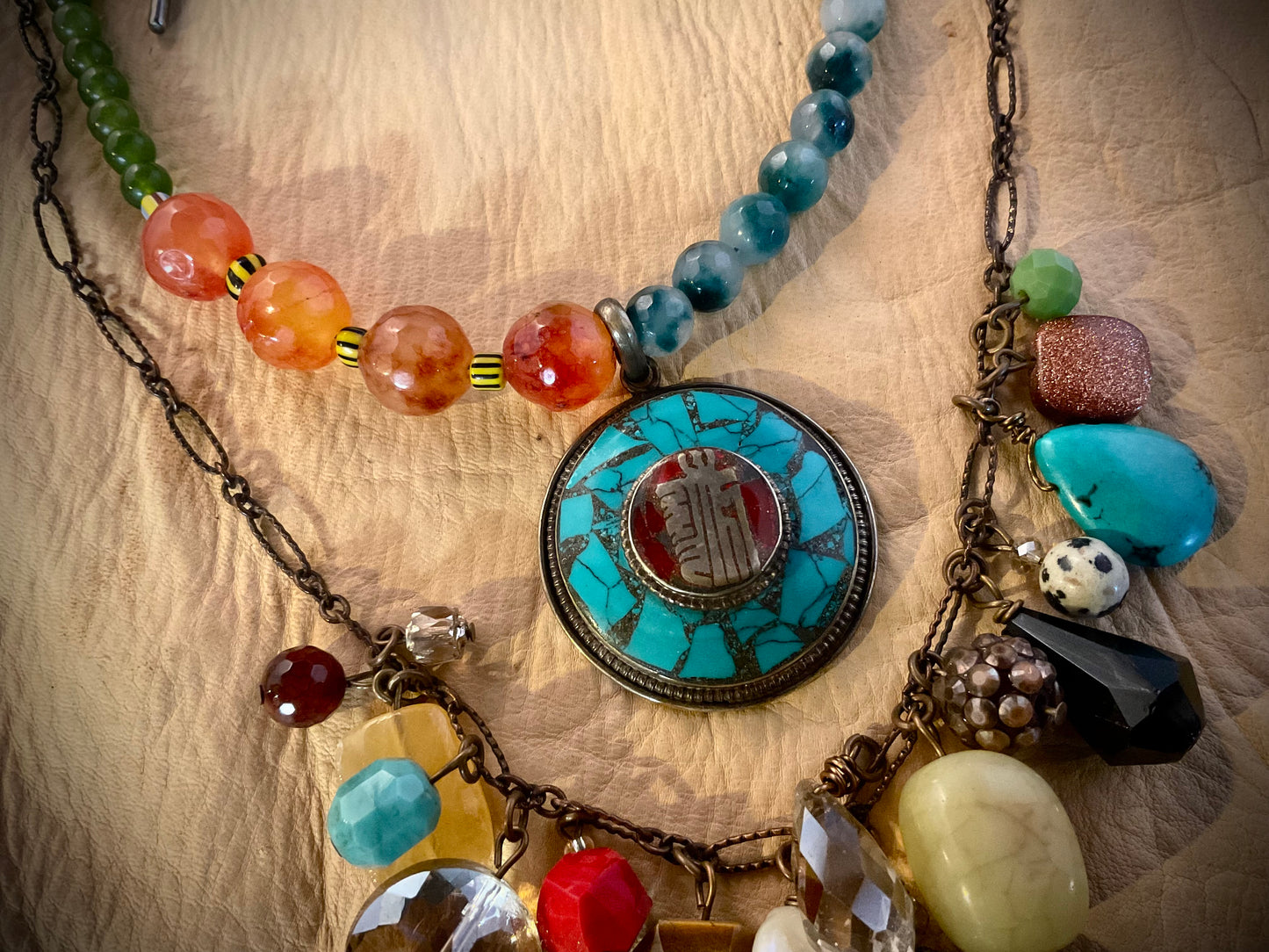 Boho Layered Necklace Set – Turquoise, Carnelian & Vintage Crystal Charm Necklace + Nepal Pendant Beaded Strand