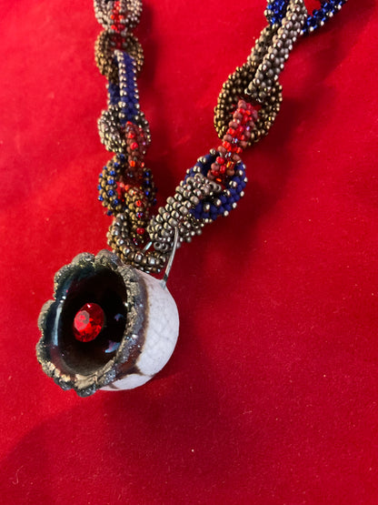 Raku Flame Statement Necklace – Hand Beaded Chain with Austrian Premium Crystal & Suede Straps