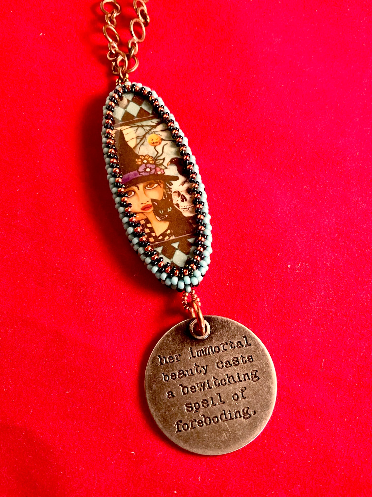 Bewitching Beauty Witch & Cat Pendant Necklace – Hand Beaded Cabochon on Antique Copper Chain (22”)