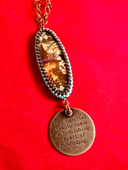 Bewitching Beauty Witch & Cat Pendant Necklace – Hand Beaded Cabochon on Antique Copper Chain (22”)
