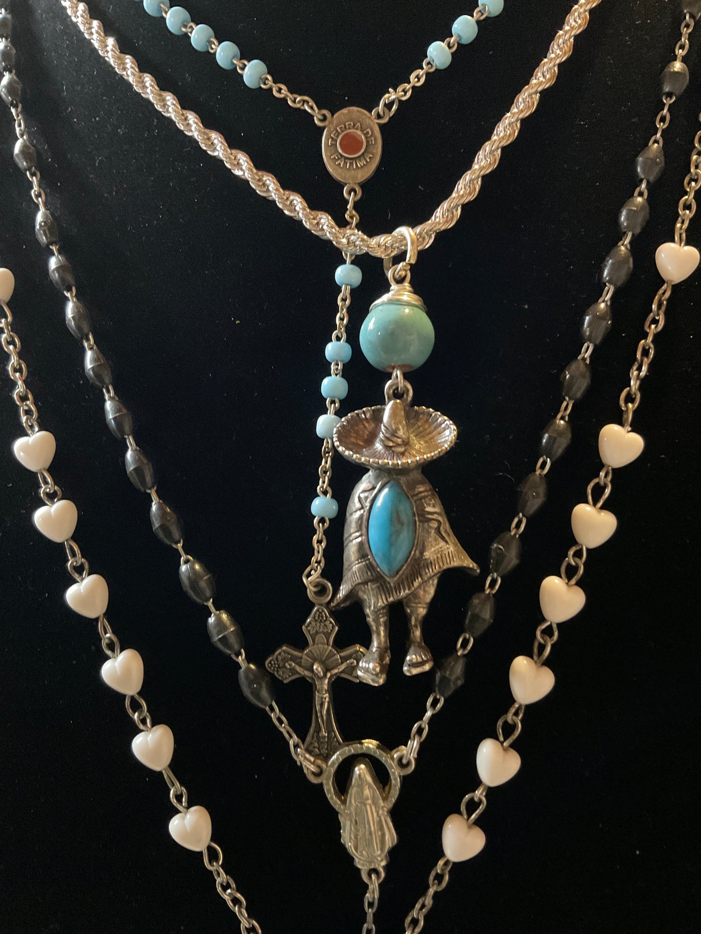 Desert Faith Layered Necklace Set – 4 Vintage Rosary & Southwestern Charm Necklaces with Turquoise, Hearts & Crosses