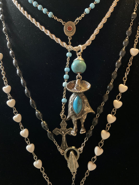 Desert Faith Layered Necklace Set – 4 Vintage Rosary & Southwestern Charm Necklaces with Turquoise, Hearts & Crosses