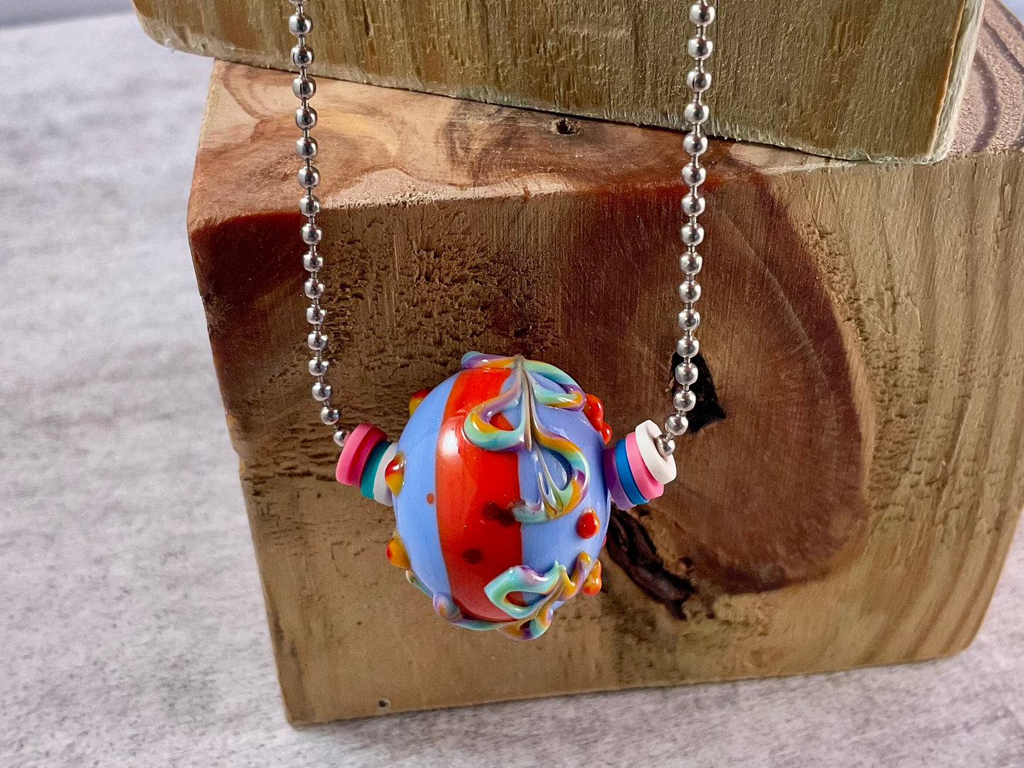 Hand Blown Glass Statement Bead Necklace on Silver Ball Chain – Colorful Artisan Focal Pendant