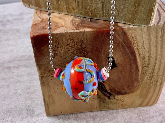 Hand Blown Glass Statement Bead Necklace on Silver Ball Chain – Colorful Artisan Focal Pendant