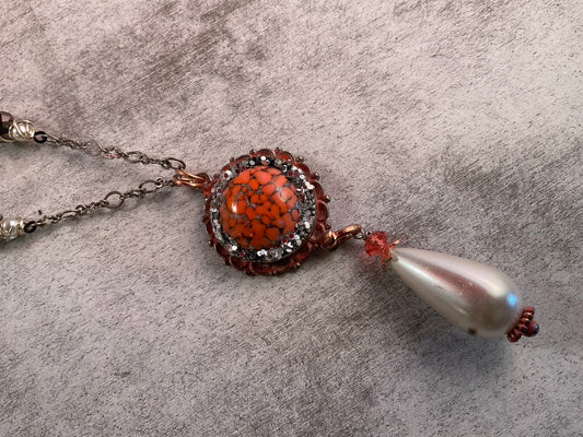 Ember & Pearl Wire-Wrapped Necklace – Orange Stone Pendant with Crystal, Pearl & Statement Drop