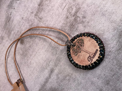 Dreamkeeper Tree Pendant Necklace – Hand-Beaded Clay Medallion on Tan Leather