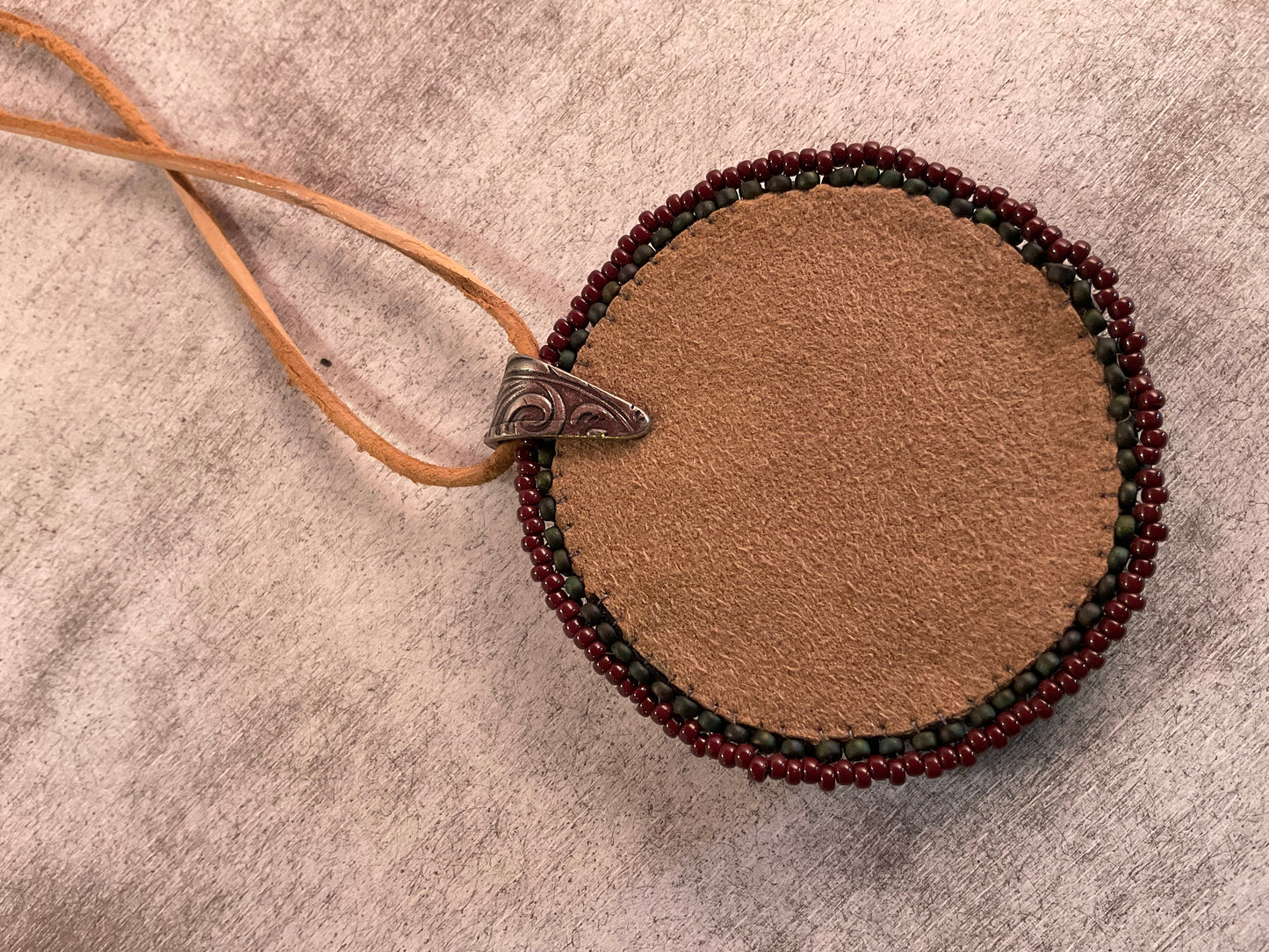 Dreamkeeper Tree Pendant Necklace – Hand-Beaded Clay Medallion on Tan Leather