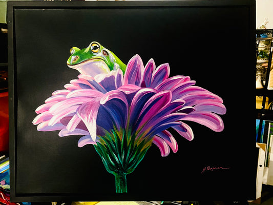 PAINTING - Taking Shelter - Frogs and flowers 16 x 20"